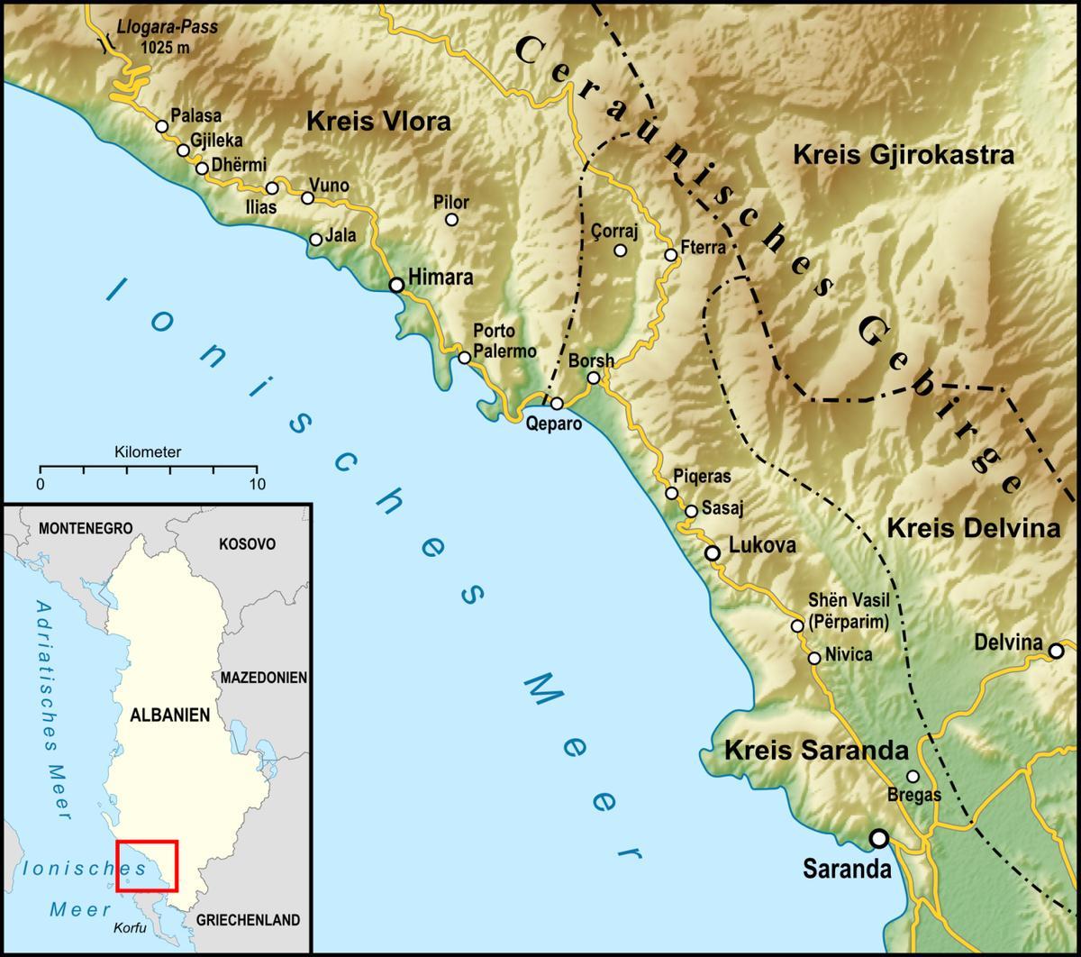 χάρτης της αλβανικής ριβιέρα
