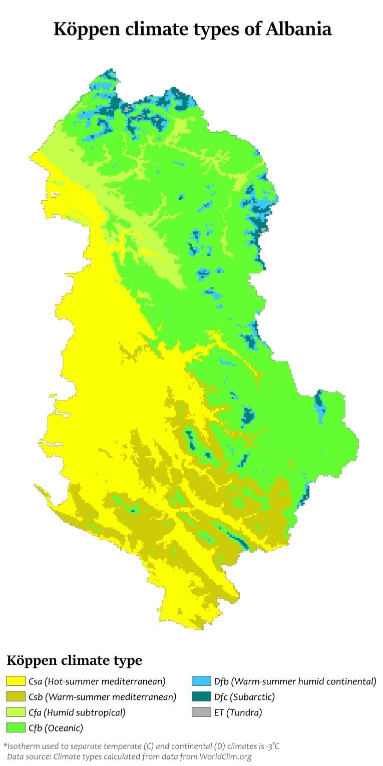 χάρτης της Αλβανίας για το κλίμα
